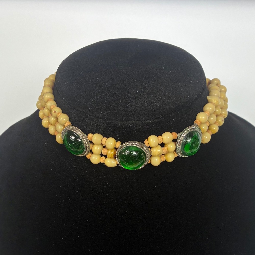 Vintage MultiStrand Yellow Seed Bead Choker Green Cabochon  Necklace Native Stl